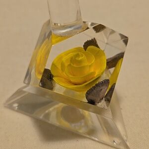 Acrylic Vintage Ring Holder with Encased Yellow Rose Beautiful Condition